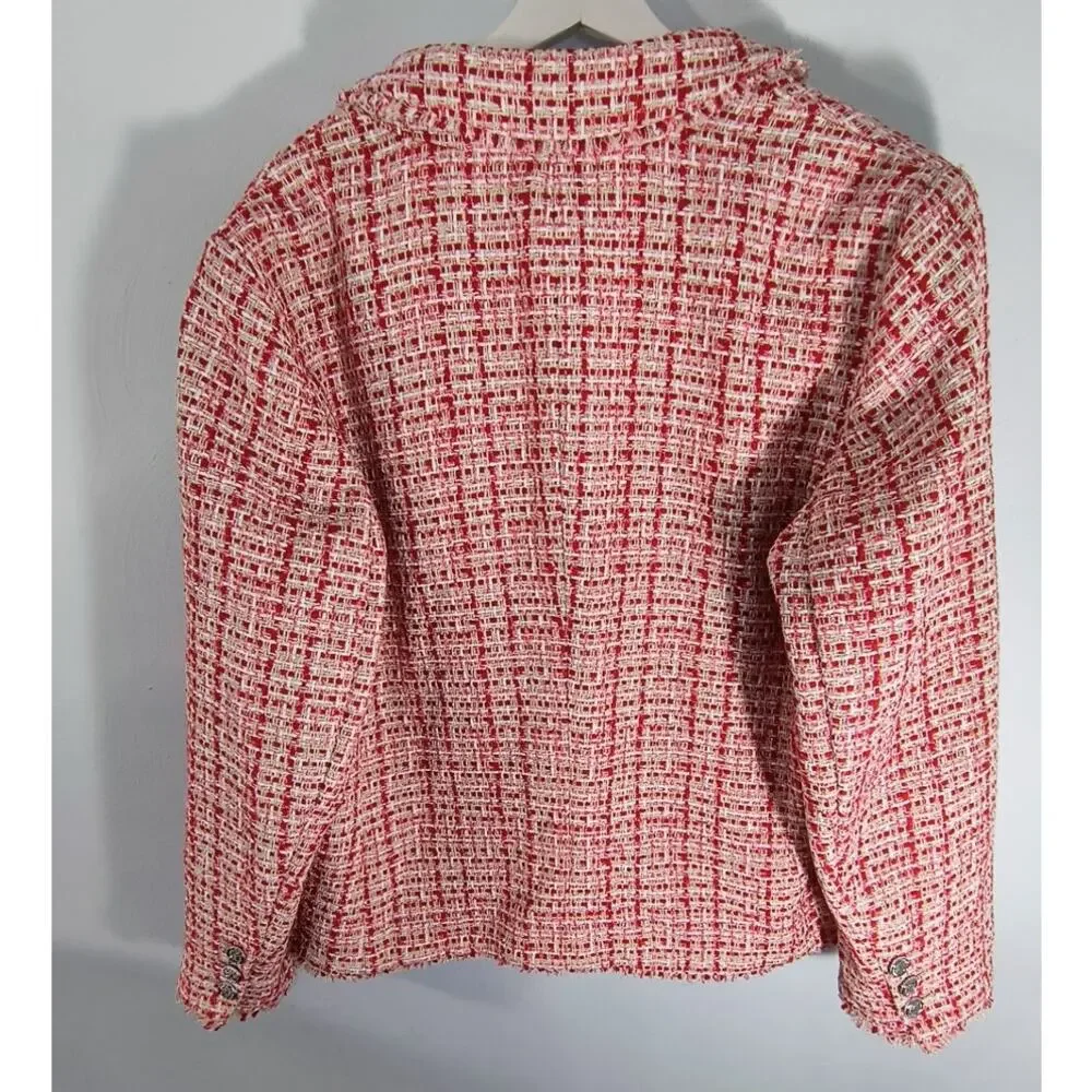 Talbots Plus 14W Red Tweed Metallic Blazer Old Money Preppy Fringe Jacket - Picture 13 of 15